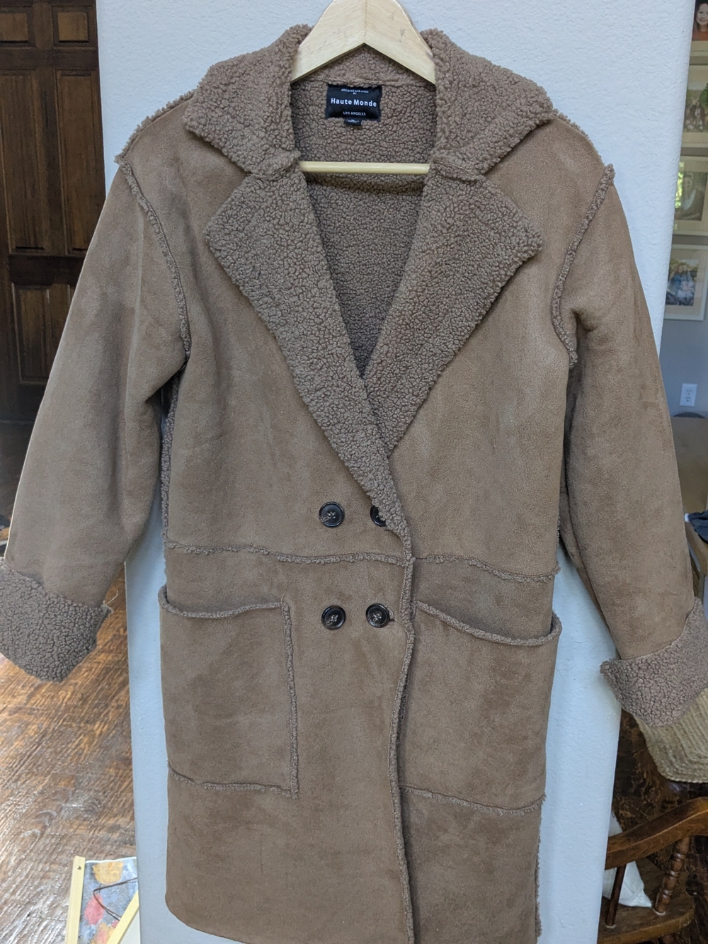 Haute Monde Women's Brown Faux Shearling Double-Breasted Trench Coat